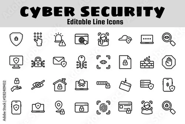 Fototapeta Cyber security outline icon set related to protection, online, privacy, internet, technology, computer, and others. vector illustration