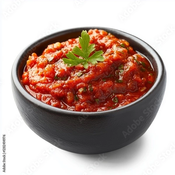 Fototapeta Vibrant red salsa in black bowl with fresh parsley garnish