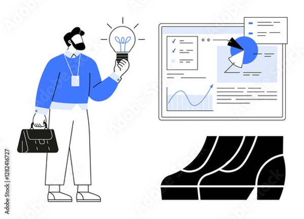 Fototapeta Man holding lightbulb, representing new ideas, wearing an ID badge with briefcase, large shoes, data analysis screen showing charts and graphs. Ideal for business strategy, innovation, team