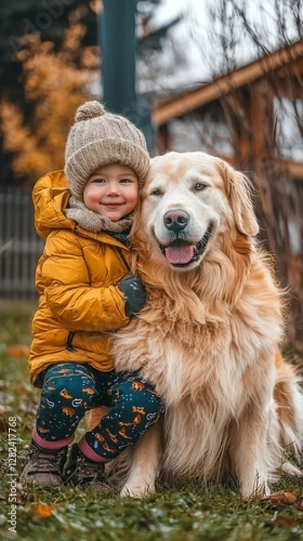 Fototapeta Golden retriever sits happily beside a child wearing a cozy hat in autumn park