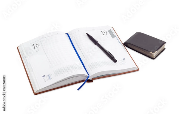 Fototapeta Open business diary, pen on it, wallet for business cards