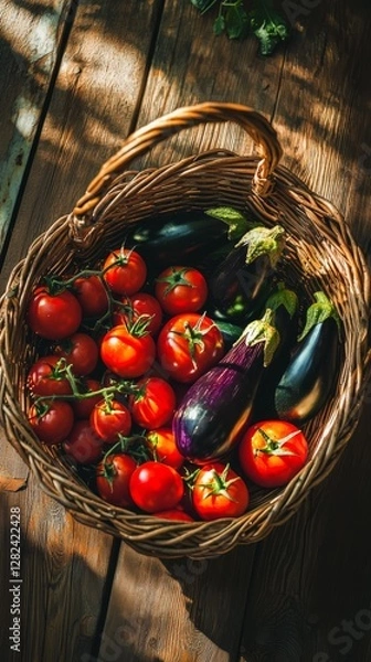 Fototapeta Freshly harvested vegetables in a wicker basket under warm sunlight
