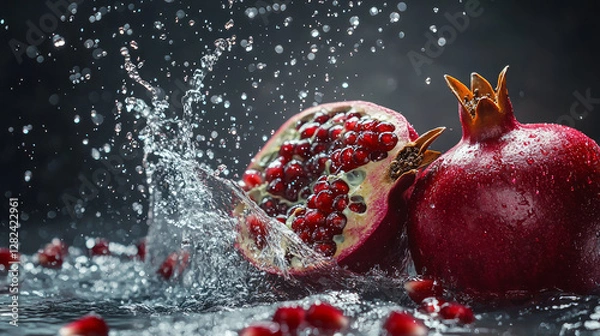 Fototapeta Pomegranate, fresh and juicy pomegranates falling into the water, splashing with sparkling drops, generative AI