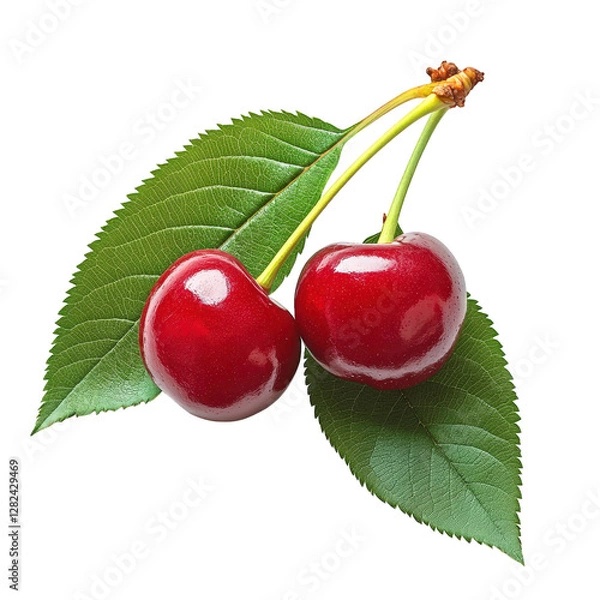 Fototapeta two shiny. red cherries resting on vibrant green leaves. highlighting their freshness and natural appeal the composition emphasizes the cherries' glossy surface and the rich texture of the leaves. mak