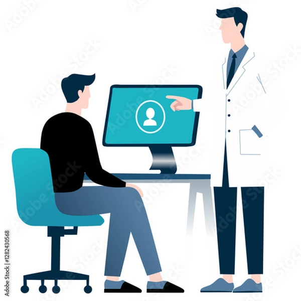 Fototapeta A doctor discusses information with a patient using a computer screen.