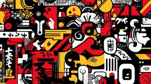 Fototapeta Abstract art featuring geometric shapes and asian inspired designs