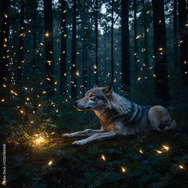 Fototapeta A luminous wolf surrounded by floating fireflies in a dark forest.
