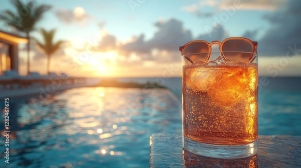 Fototapeta Iced drink by pool at sunset.