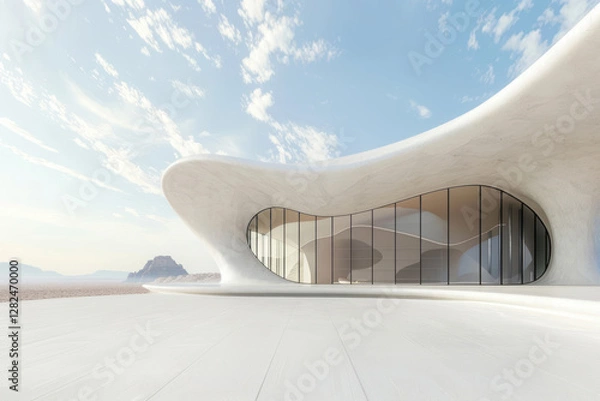 Fototapeta Abstract architecture, minimalistic, curved lines, white floor with desert landscape in the background, sky.