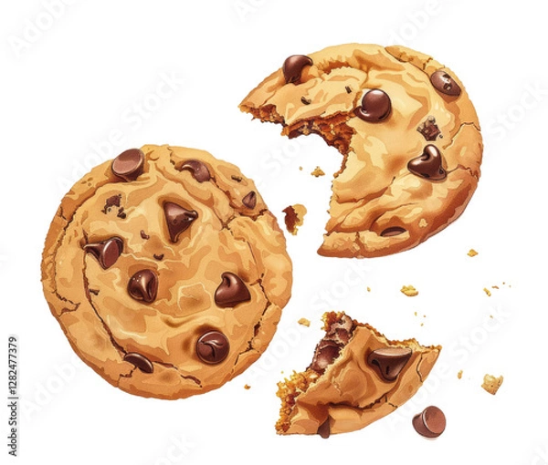 Fototapeta Surrealistic illustration of chocolate chip cookies with one broken cookie on a transparent background.