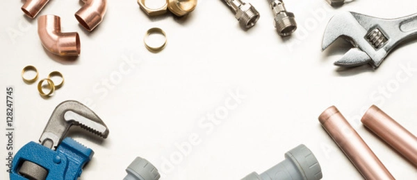Obraz Narzędzia hydrauliczne i materiały hydrauliczne baner z miejsca na kopię