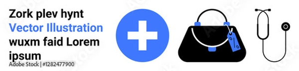 Fototapeta Medical cross, doctors bag with tag, and stethoscope representing healthcare, emergency services, medical kits, first aid, treatment, medical practice, and preparedness in a flat landing page banner
