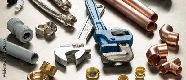 Obraz Selection of Plumbers Tools and Plumbing Materials