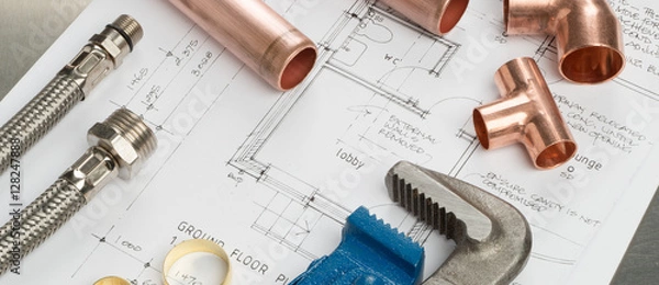 Obraz Narzędzia hydrauliczne i materiały hydrauliczne Baner na planach domu