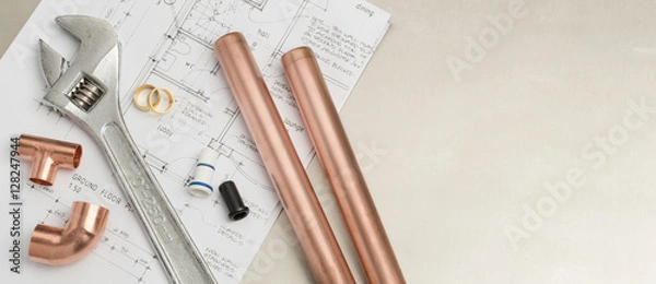 Obraz Plumbers Tools and Plumbing Materials Banner with Copy Space