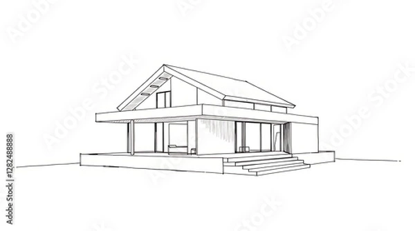 Obraz A minimalist architectural drawing of a modern house, clean lines, sharp angles, rendered in black ink on tracing paper, precise detailing, orthogonal perspective.