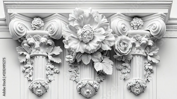 Fototapeta Ornate floral columns, building facade, architectural detail, design element, stock photo