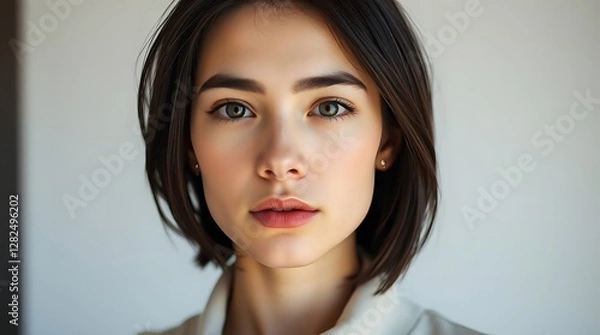 Obraz A minimalist photo of a young woman with fair skin, short dark hair and sharp features, captured in a close-up shot with natural light, wearing neutral-toned clothing, her expression serene.