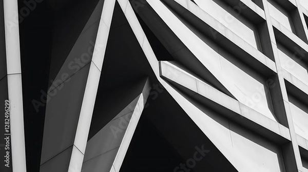 Obraz A minimalist photograph of a concrete building with sharp lines and geometric patterns, monochrome, high contrast, emphasizing texture and shadow.