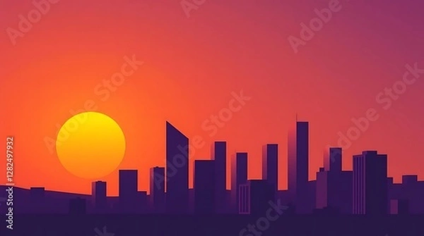 Fototapeta A minimalist vector illustration of a cityscape at sunset, simple geometric buildings, gradient orange and purple sky, clean lines, sharp angles.