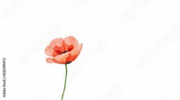 Obraz A minimalist watercolor painting of a single red poppy against a soft white background, emphasizing delicate brushstrokes and subtle color variations.