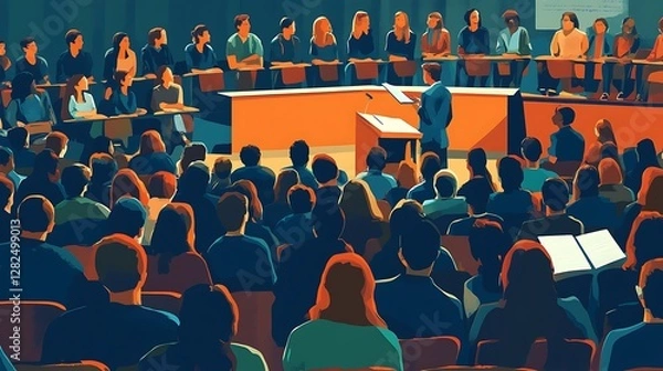 Fototapeta A speaker addresses a large audience in a lecture hall