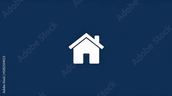 Fototapeta Minimalist vector illustration, a simple icon of a house, solid white shape, against a navy blue square background, clean lines, flat style.