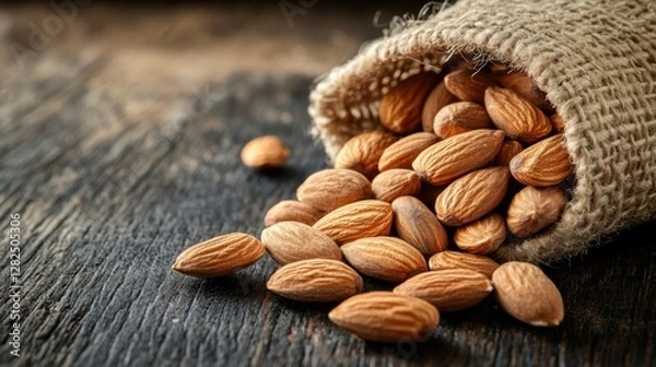 Fototapeta Almonds in a burlap bag displayed on a wooden surface with natural lighting