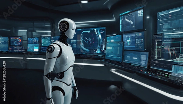 Fototapeta Humanoid robot with AI background, machine and future