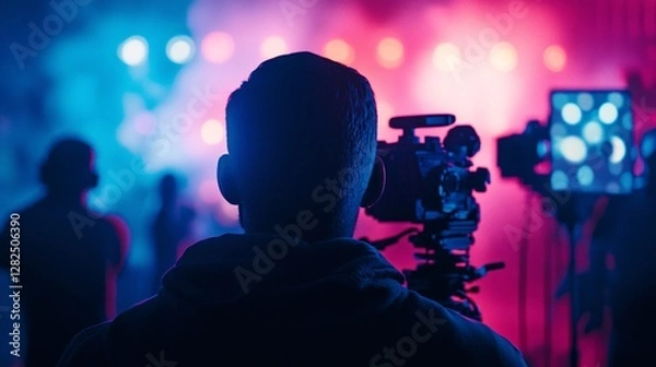 Fototapeta Videographer recording a live concert with professional video camera