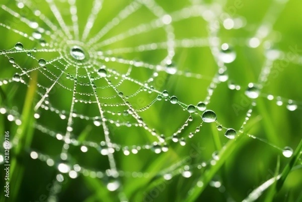 Fototapeta Water droplets on spider web in grassy field