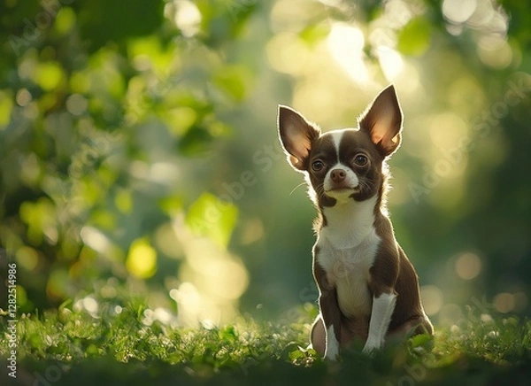Fototapeta A small, cute Chihuahua dog sitting on the grass in a green park, with golden hour lighting, in a photorealistic style, reminiscent of National Geographic photography.