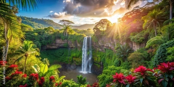 Fototapeta Lush tropical foliage and vibrant flowers surrounding the base of stunning Chamarel Waterfall in a panoramic view, with sunlight filtering through the leaves , waterfall scenery, tropical foliage