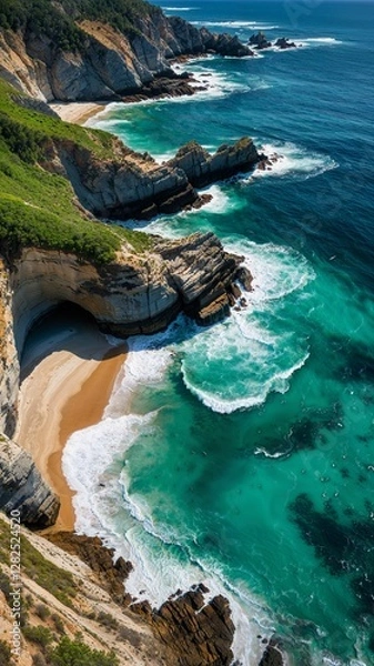 Fototapeta Cool summer blue sea and coastal cliffs. Mobile size. Generative AI.