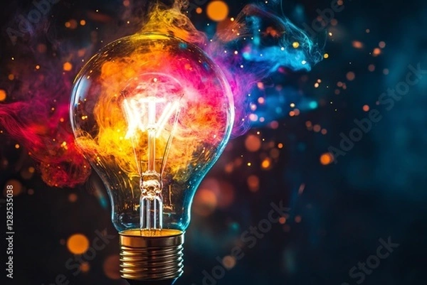 Fototapeta An explosion of colorful energy erupting from an incandescent light bulb, symbolizing the moment when creative ideas come to life in your head. Isolated on a black background with margins,