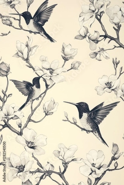 Fototapeta Hummingbirds feeding on magnolia blossoms, spring garden, nature background, elegant design