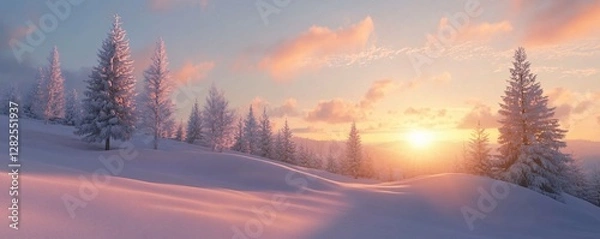 Fototapeta Majestic winter landscape at sunset illuminating snowy trees and hills