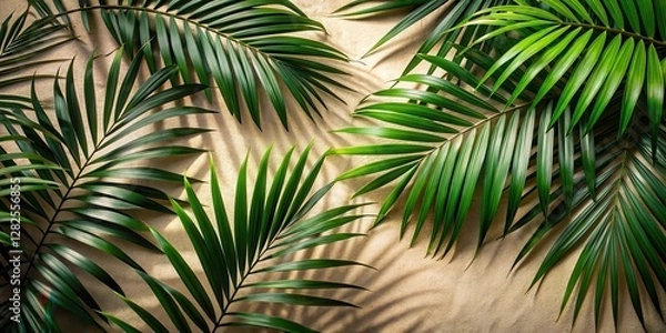 Fototapeta Dense cluster of palm leaves cast intricate shadows on the ground , landscape, greenery,  landscape, greenery, outdoor