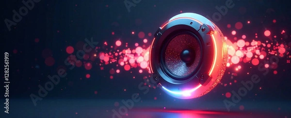 Fototapeta A luminous crystal speaker suspended in mid-air, radiating colorful sound waves that visually distort the surrounding air, against a dark, minimalist background.