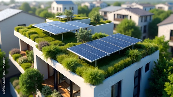 Obraz A house facade in the city, with solar panels on a green roof. The modern design and urban landscape highlight the blend of technology and nature in sustainable urban living.