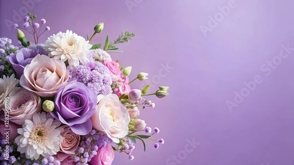 Fototapeta Pastel violets and pastel pinks mixed with delicate white flowers in a whimsical floral arrangement against a soft purple background , violets, flowers