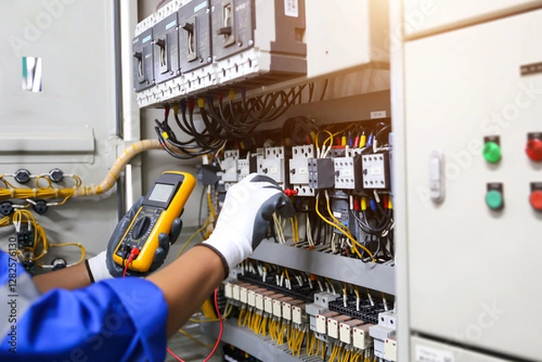 Fototapeta Electrical service technician holding electricity checking equipment to check electric current circuit breaker terminal panel and cable wiring main power distribution board for maintenance system.