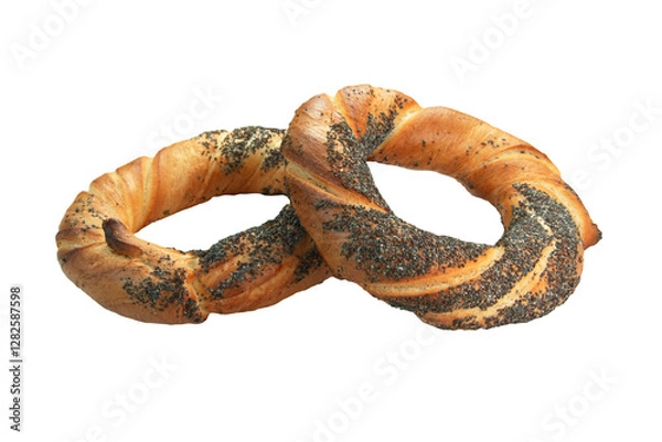 Fototapeta Obwarzanek z makiem, precel na białym tle. Bez tła