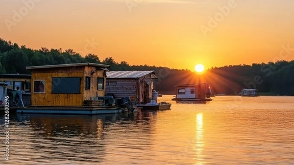 Obraz A serene sunset over a calm lake, featuring colorful houseboats reflecting on the water and surrounded by lush greenery.