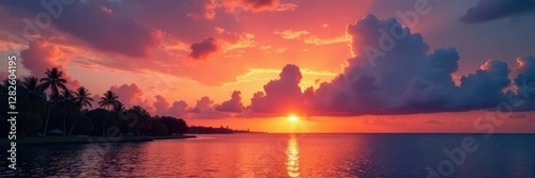 Fototapeta Crandon Park's silhouette against a cloudy Key Biscayne sunset , vacation, horizon, Key Biscayne
