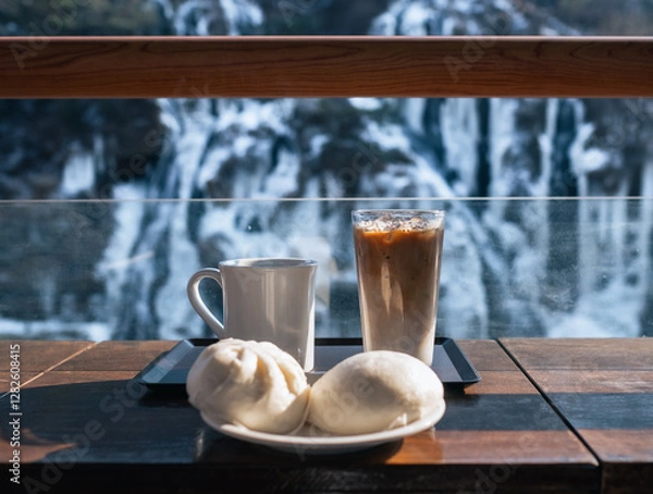 Fototapeta White coffee mug and breakfast with snow background in winter.