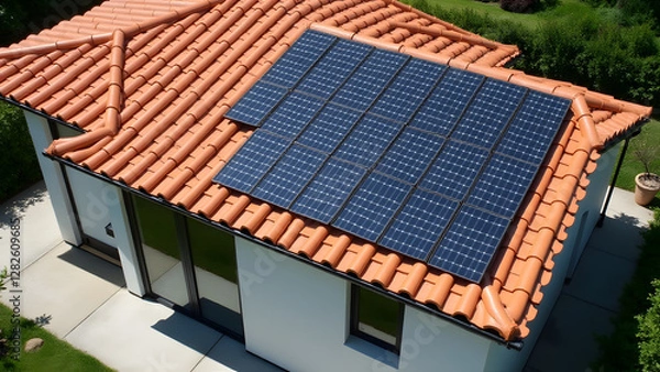 Fototapeta A house facade with solar panels on a ceramic roof. The modern design and seamless integration highlight the blend of traditional roofing and solar energy.