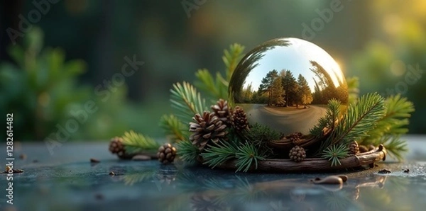 Fototapeta Mirror sphere decorated with twigs and pinecones, greenery, reflective surface, mirror