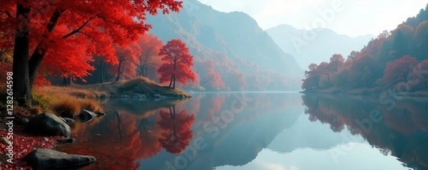 Fototapeta Muted hues of autumn leaves reflected on calm lake water, red, reflection, overcast