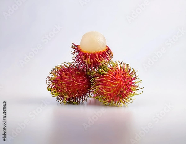 Fototapeta Selected focus photo of three rambutans one of which has been peeled isolated on white background
